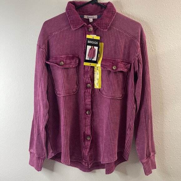 Briggs NWT Women's Relaxed Fit Button Long Sleeve Waffle Shirt Dark Pink - Picture 4 of 16